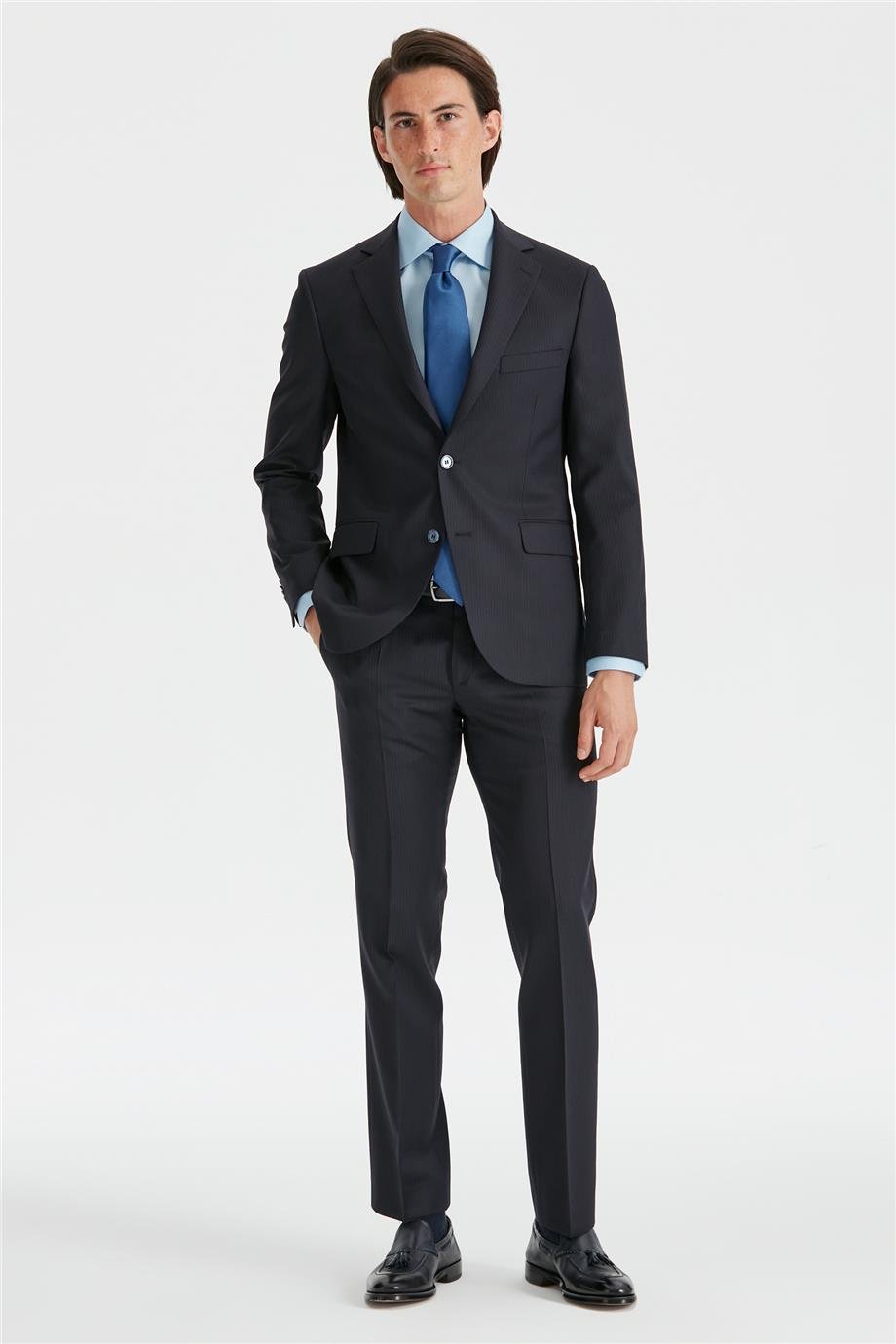 Lacivert Silik Çizgili Yün Takım Elbise