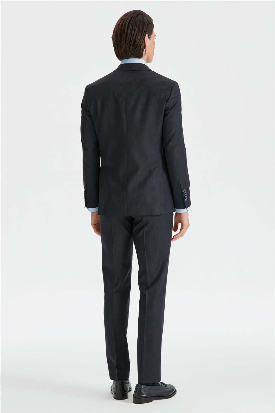 Lacivert Silik Çizgili Yün Takım Elbise