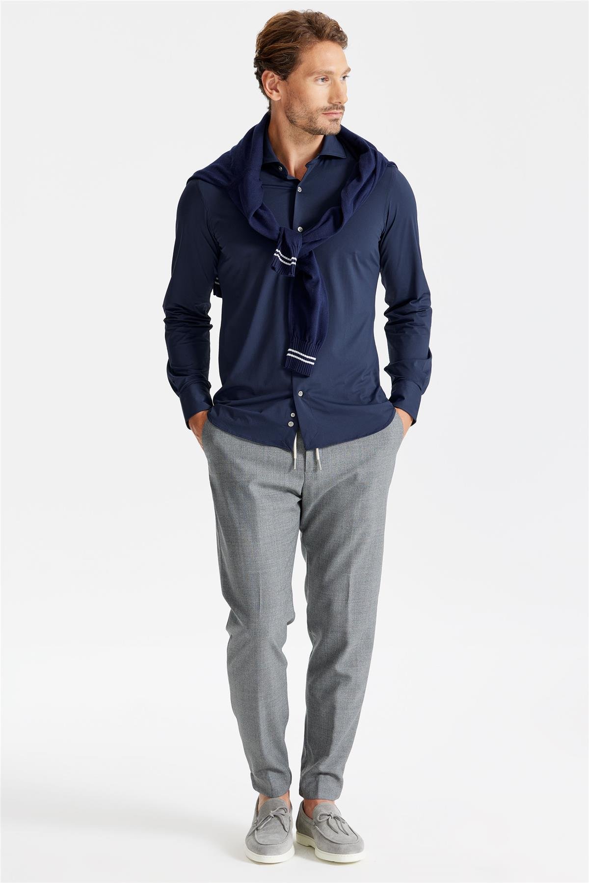 Lacivert Teknik Kumaş Gömlek