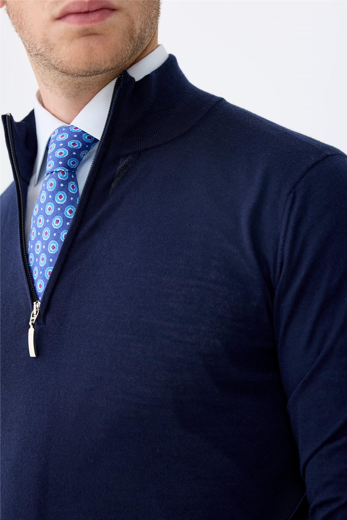 Lacivert Trio Yaka Yün İpek Kaşmir Triko