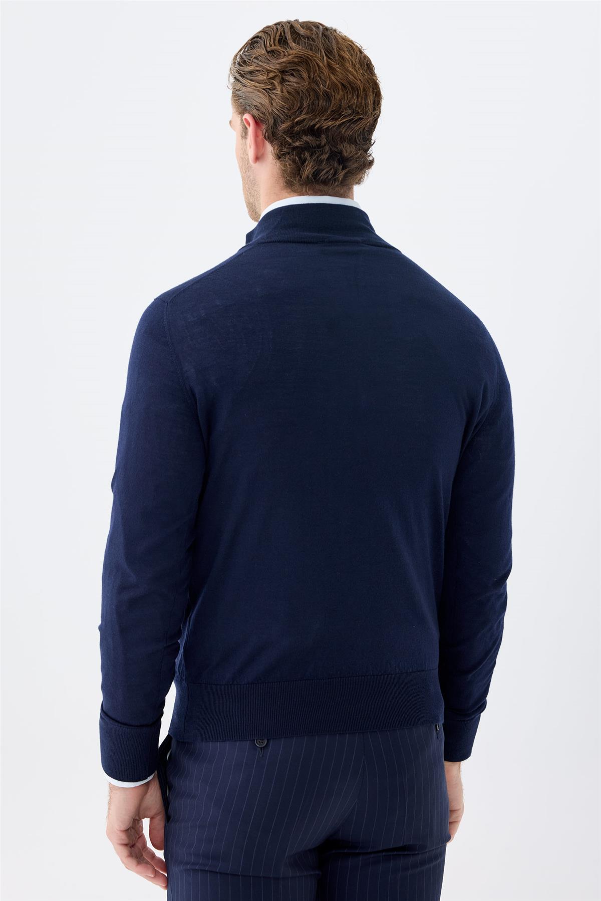 Lacivert Trio Yaka Yün İpek Kaşmir Triko