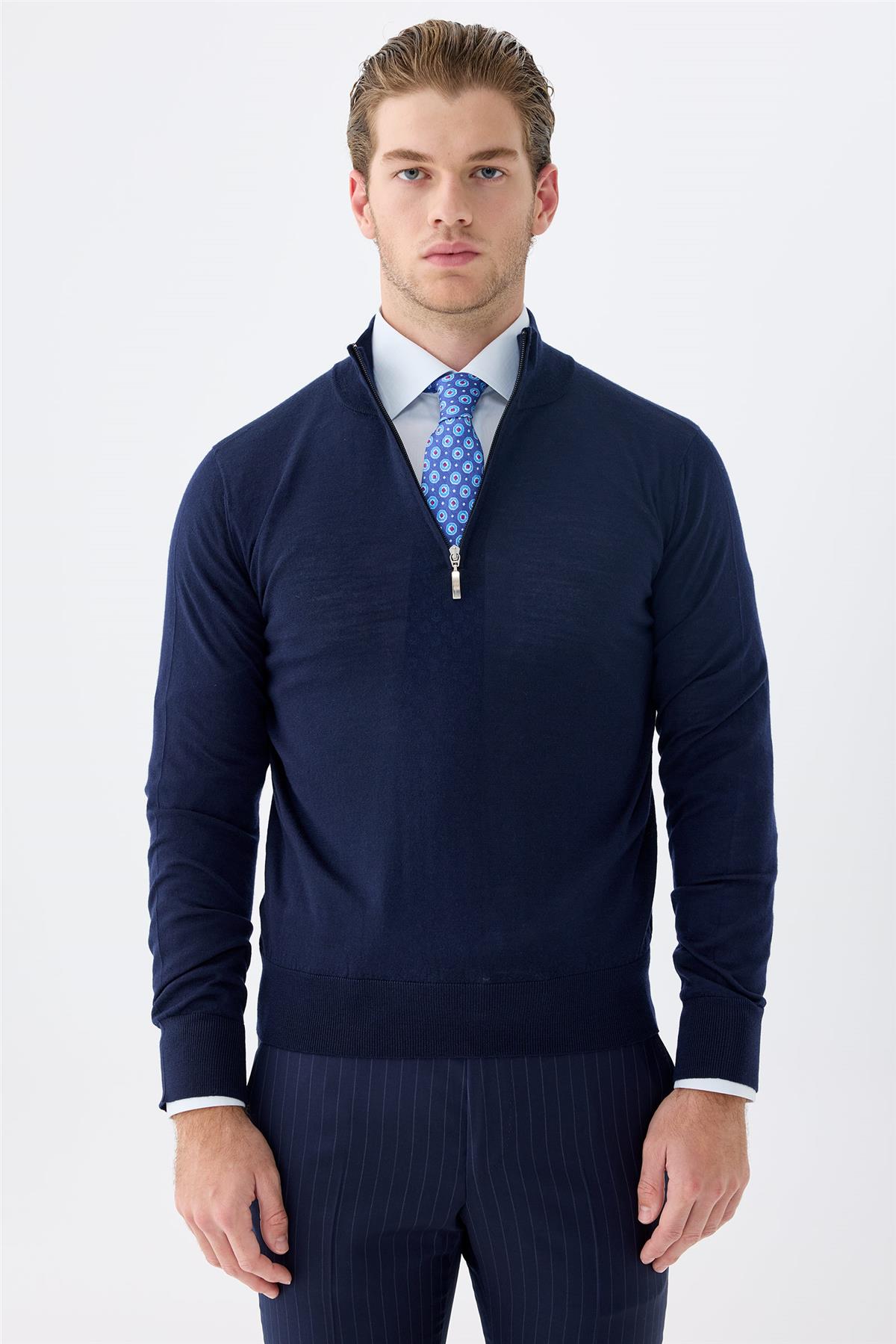 Lacivert Trio Yaka Yün İpek Kaşmir Triko