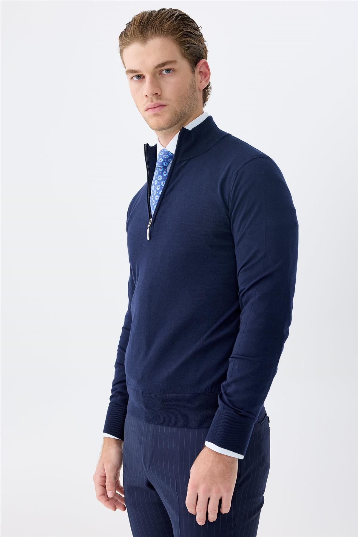 Lacivert Trio Yaka Yün İpek Kaşmir Triko