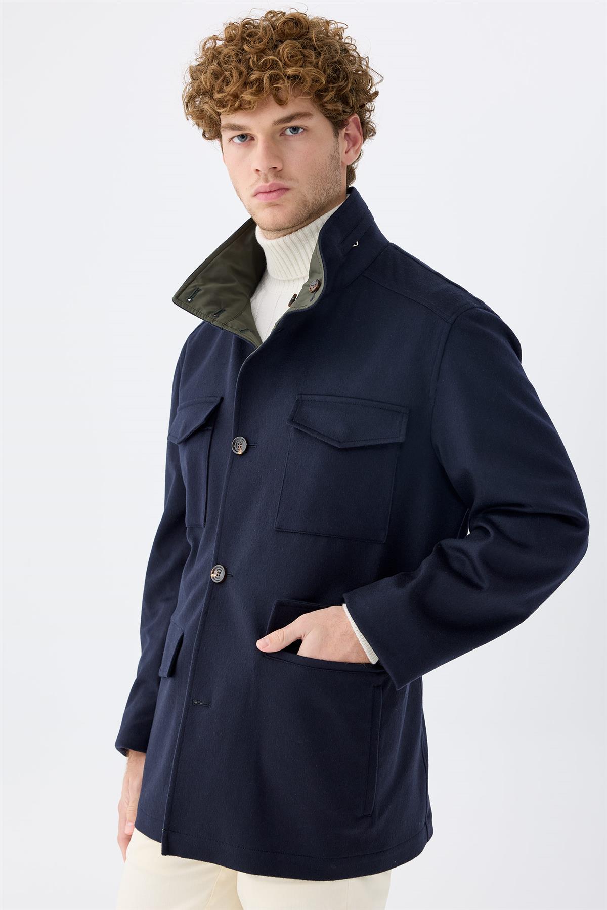 Lacivert Yeşil Çift Taraflı Kaşmir Mont 