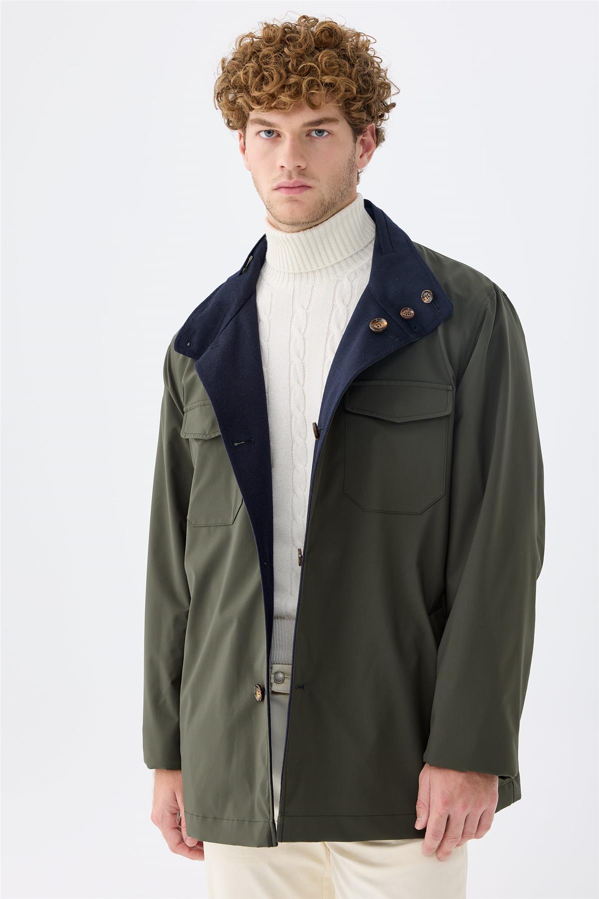 Lacivert Yeşil Çift Taraflı Kaşmir Mont 