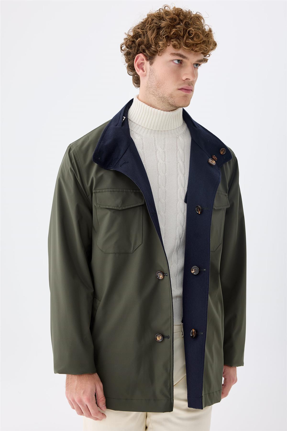 Lacivert Yeşil Çift Taraflı Kaşmir Mont 