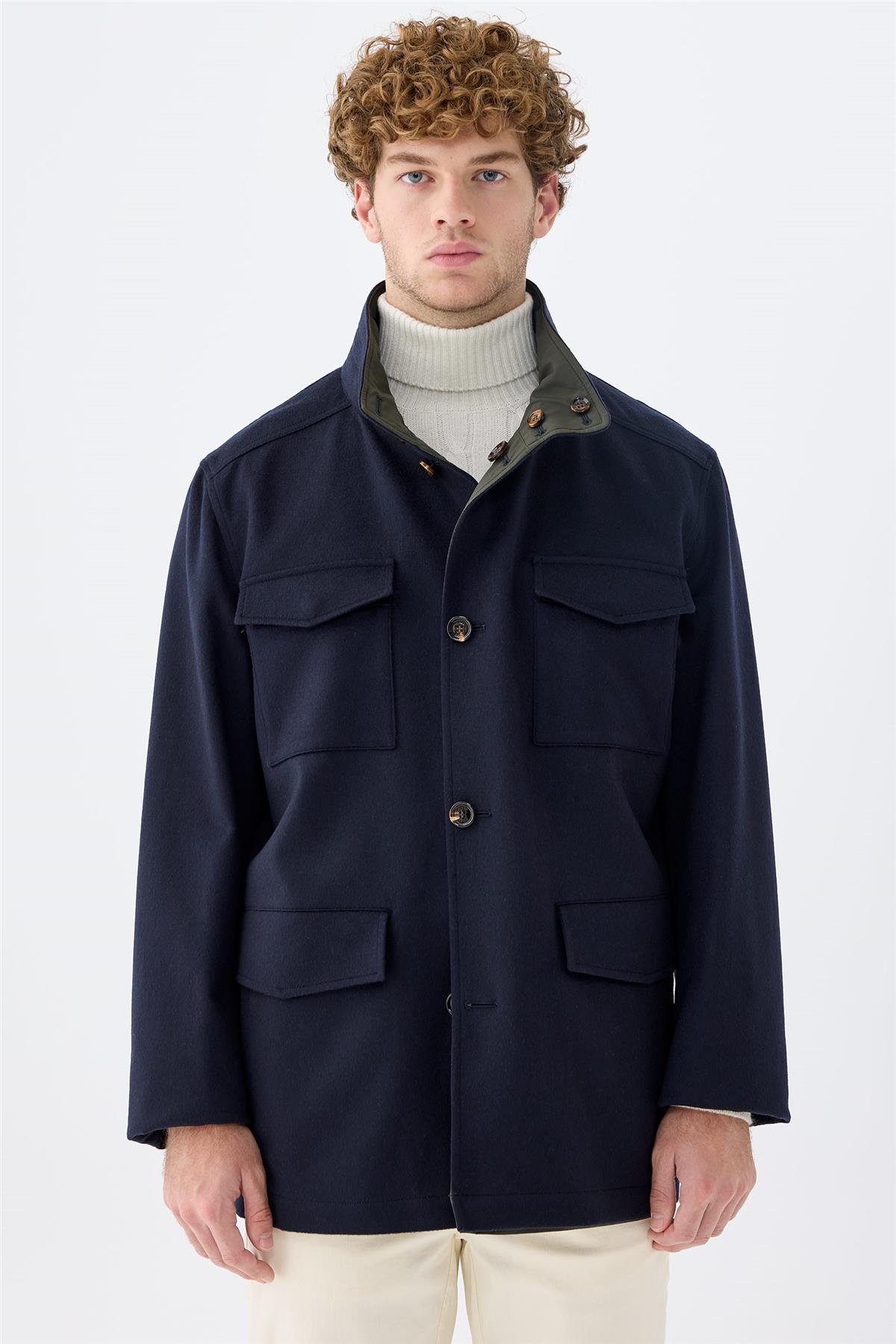 Lacivert Yeşil Çift Taraflı Kaşmir Mont 