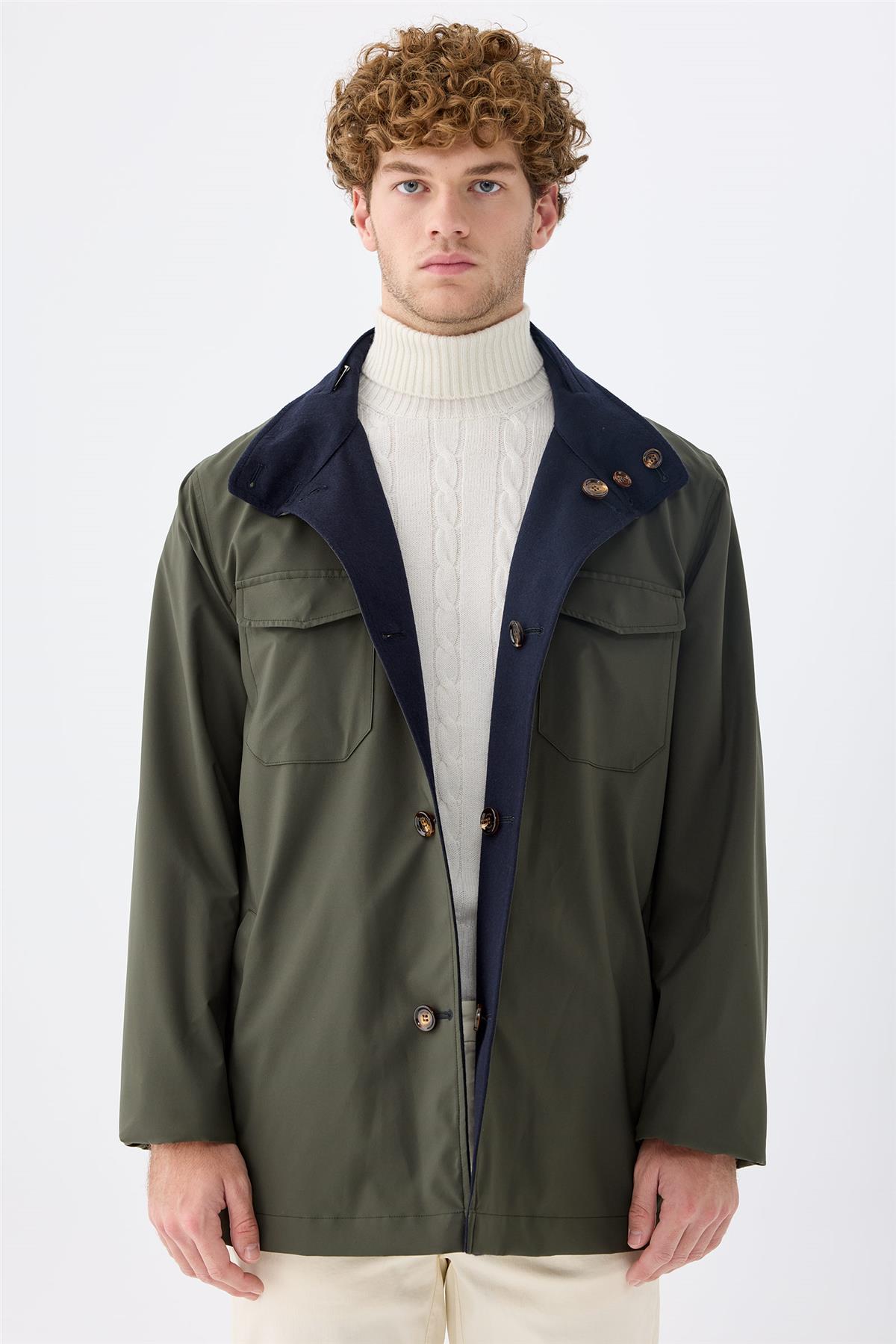 Lacivert Yeşil Çift Taraflı Kaşmir Mont 