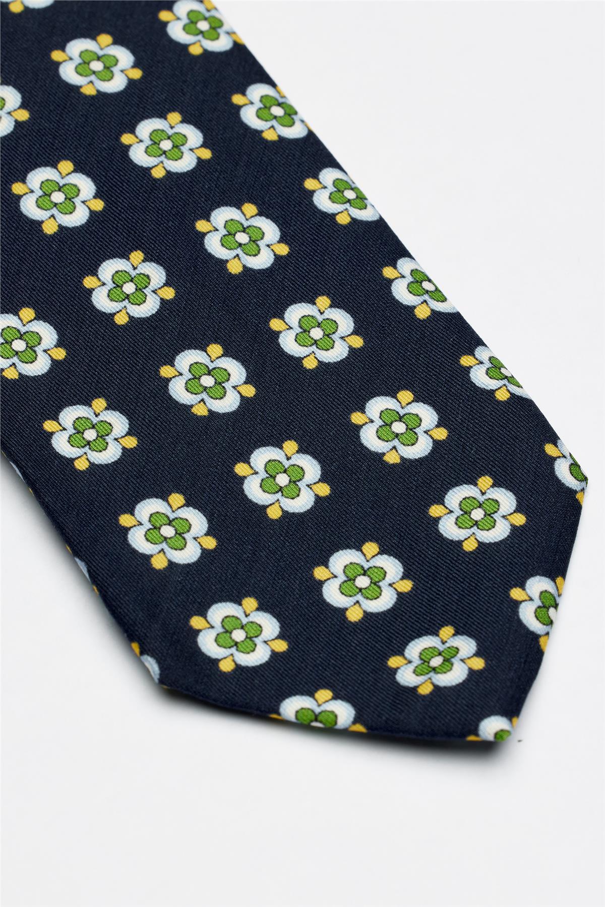 Lacivert Yeşil Desenli Seven Fold İpek Kravat