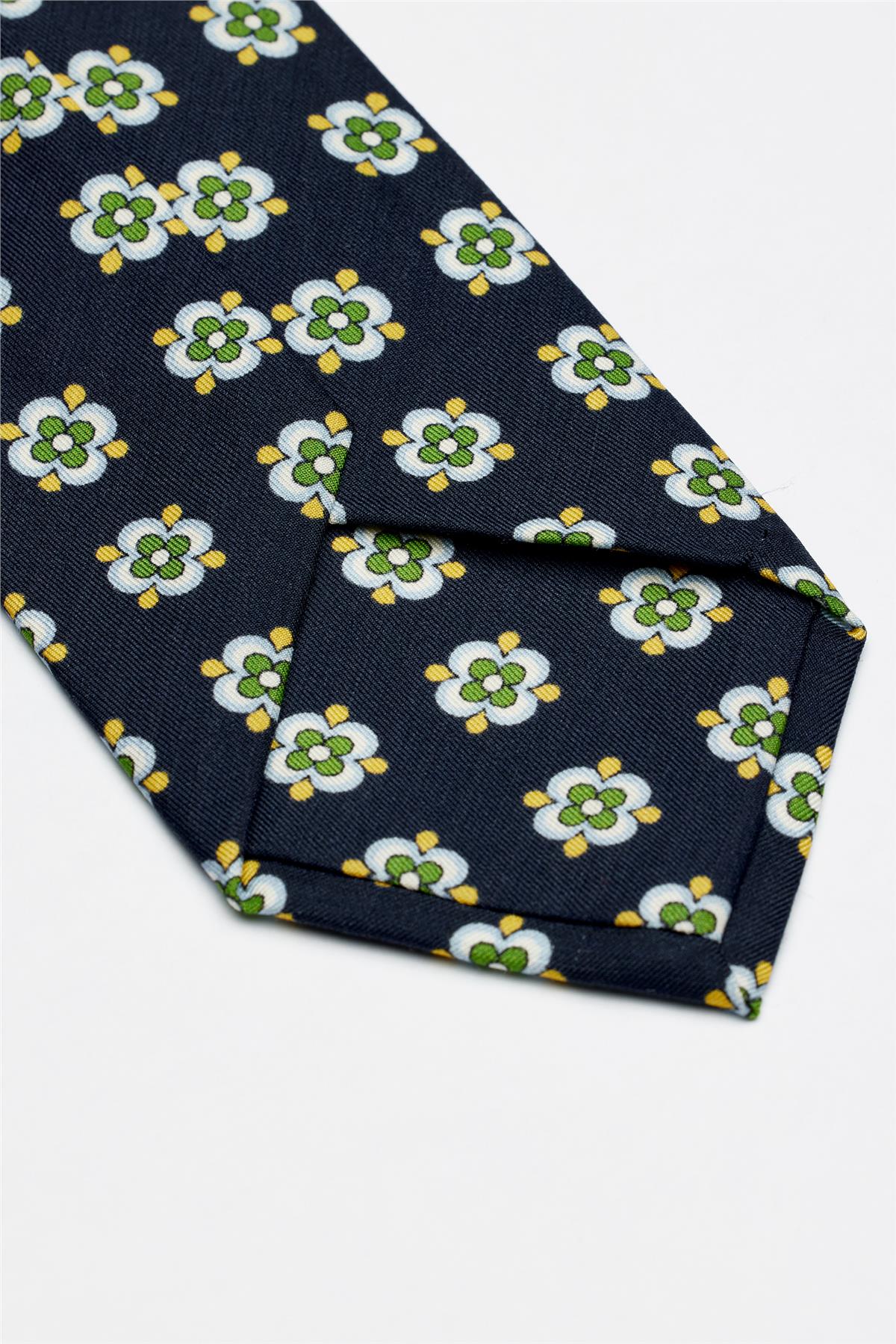 Lacivert Yeşil Desenli Seven Fold İpek Kravat