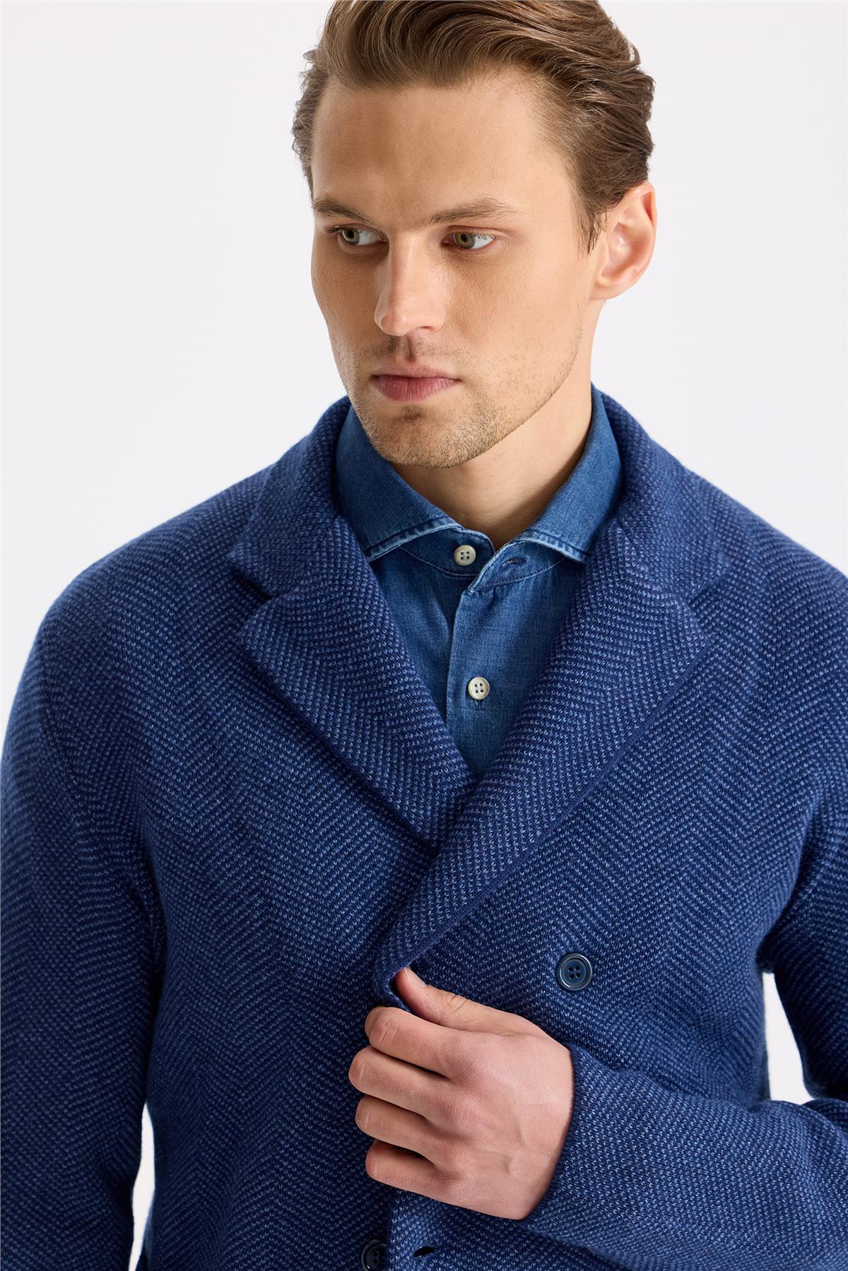 Lacivert Yün İpek Kaşmir Triko Ceket