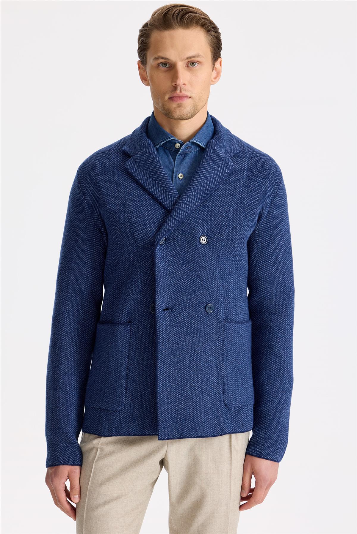 Lacivert Yün İpek Kaşmir Triko Ceket