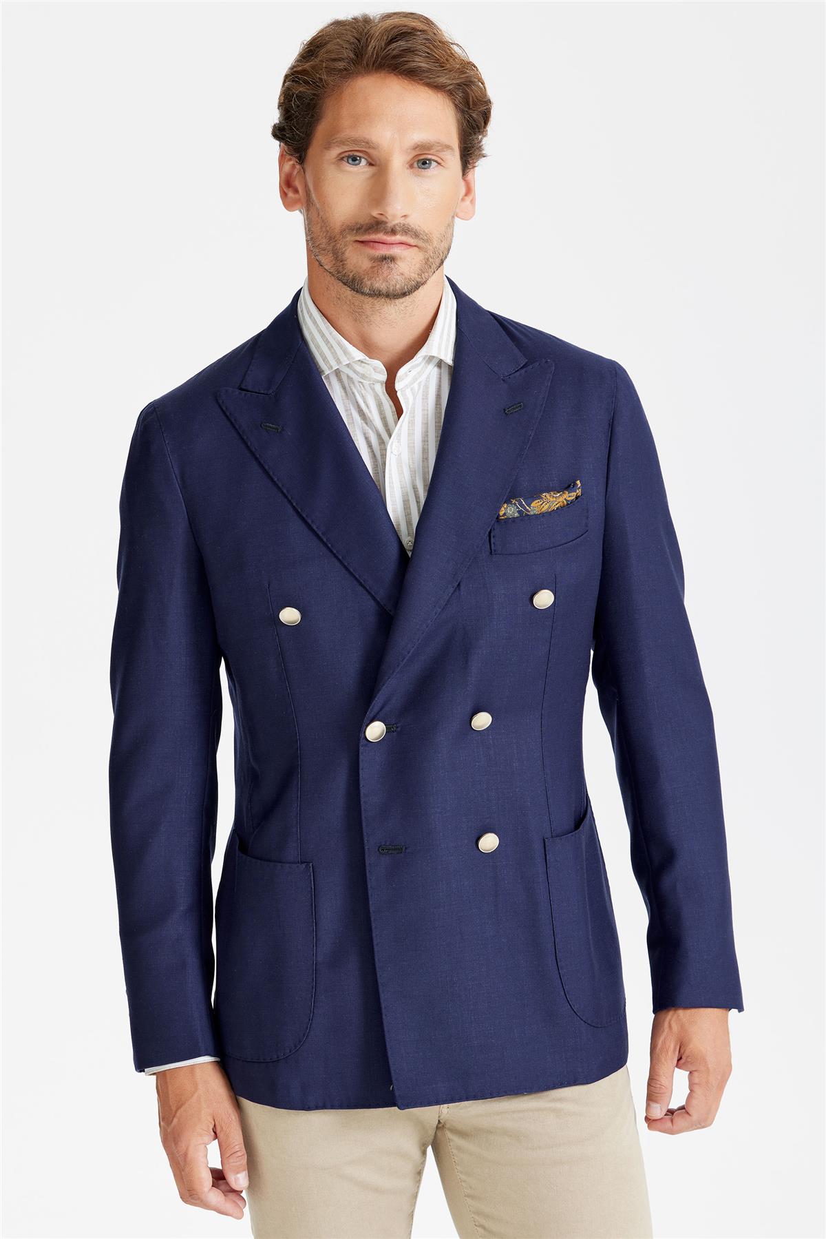 Lacivert Yün Kruvaze Blazer