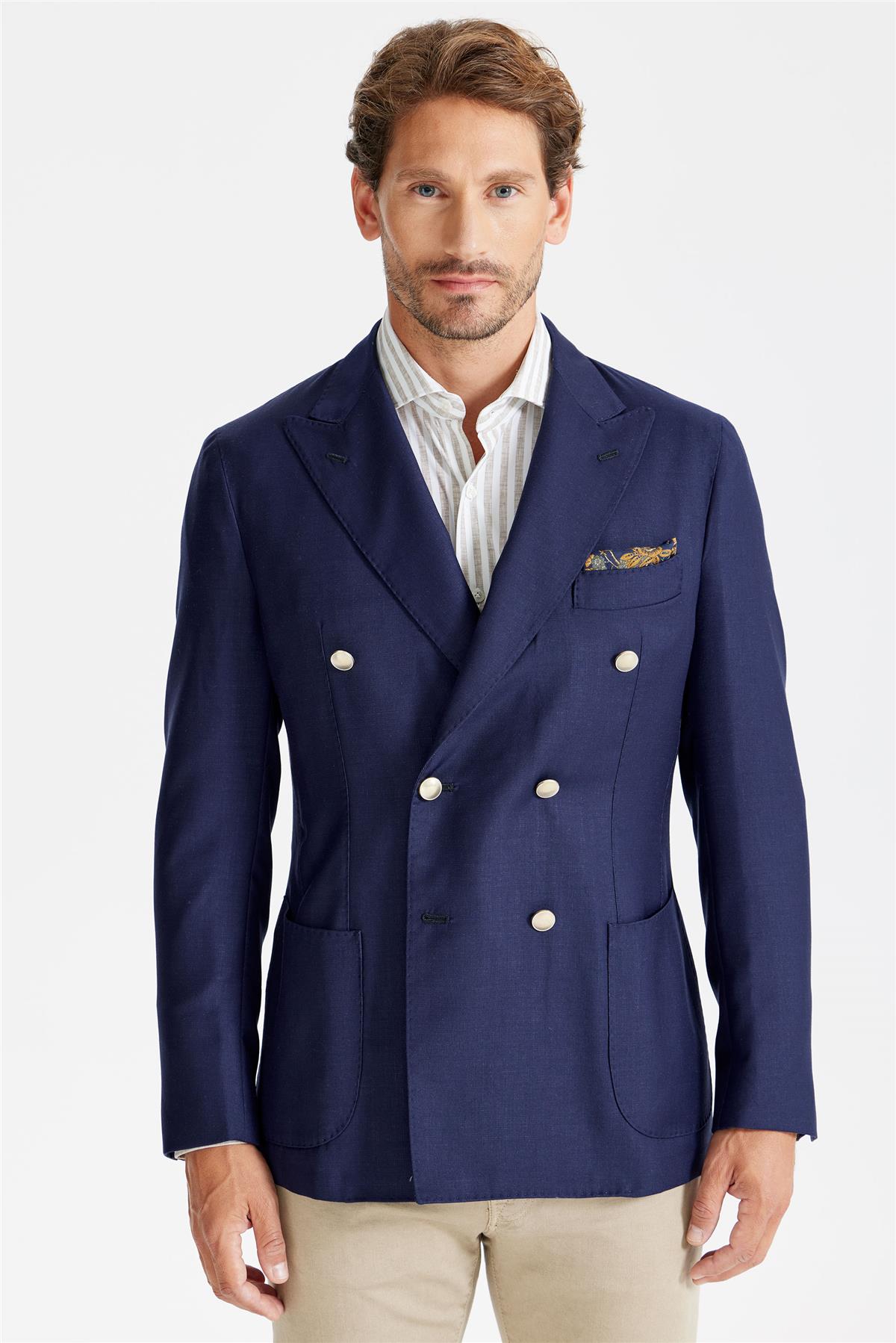 Lacivert Yün Kruvaze Blazer