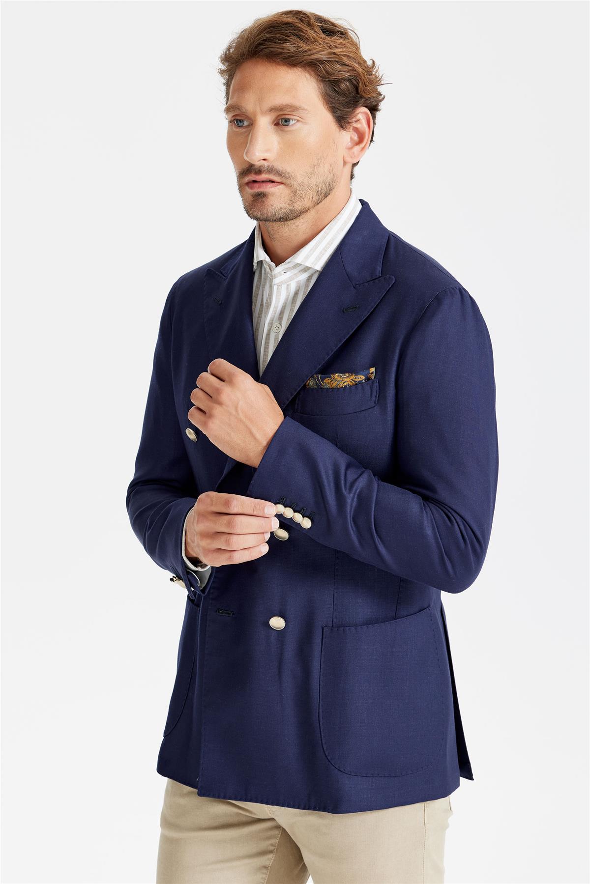 Lacivert Yün Kruvaze Blazer