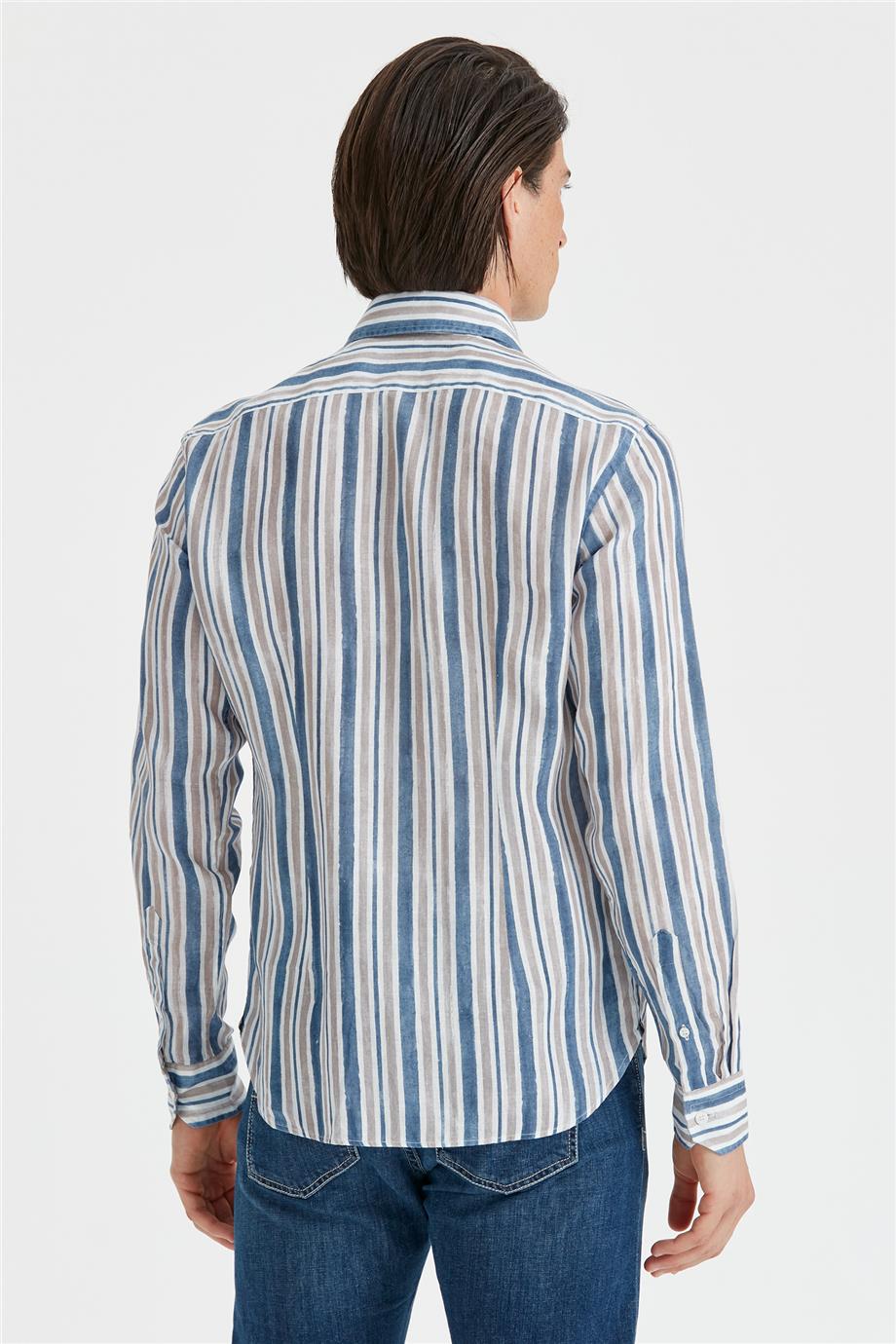 Mavi Bej Çizgili Keten Gömlek