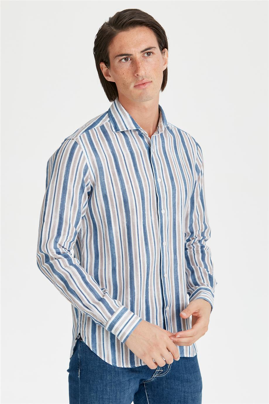 Mavi Bej Çizgili Keten Gömlek