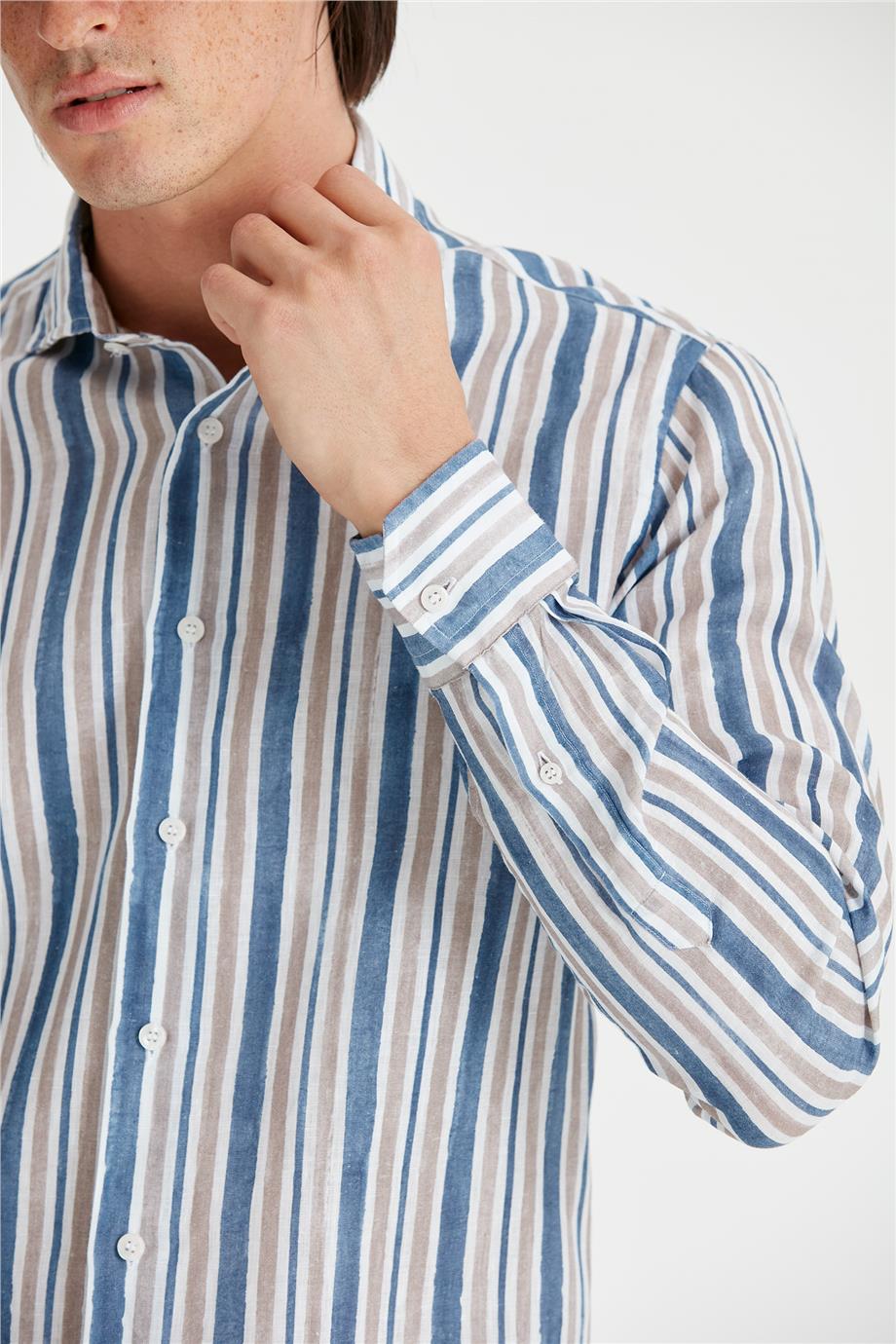 Mavi Bej Çizgili Keten Gömlek