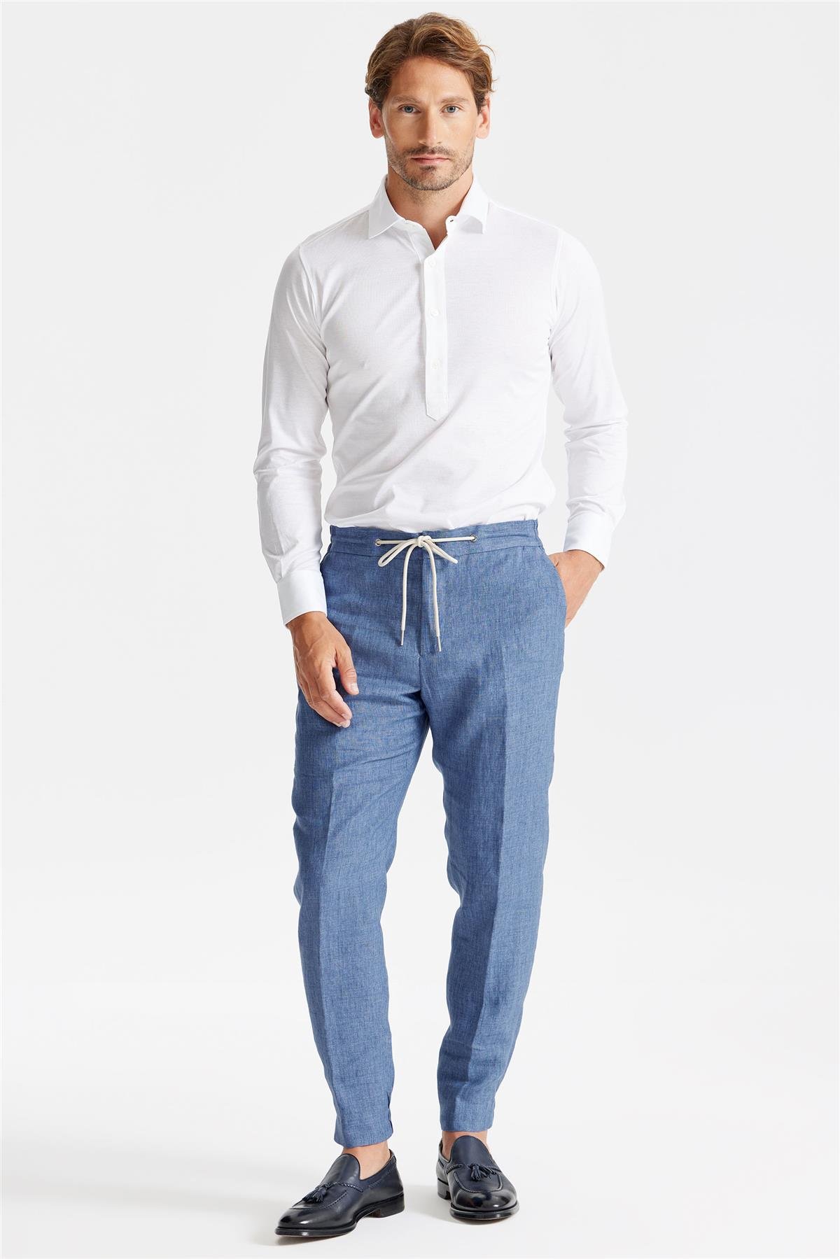 Mavi Beli Kordonlu Keten Pantolon