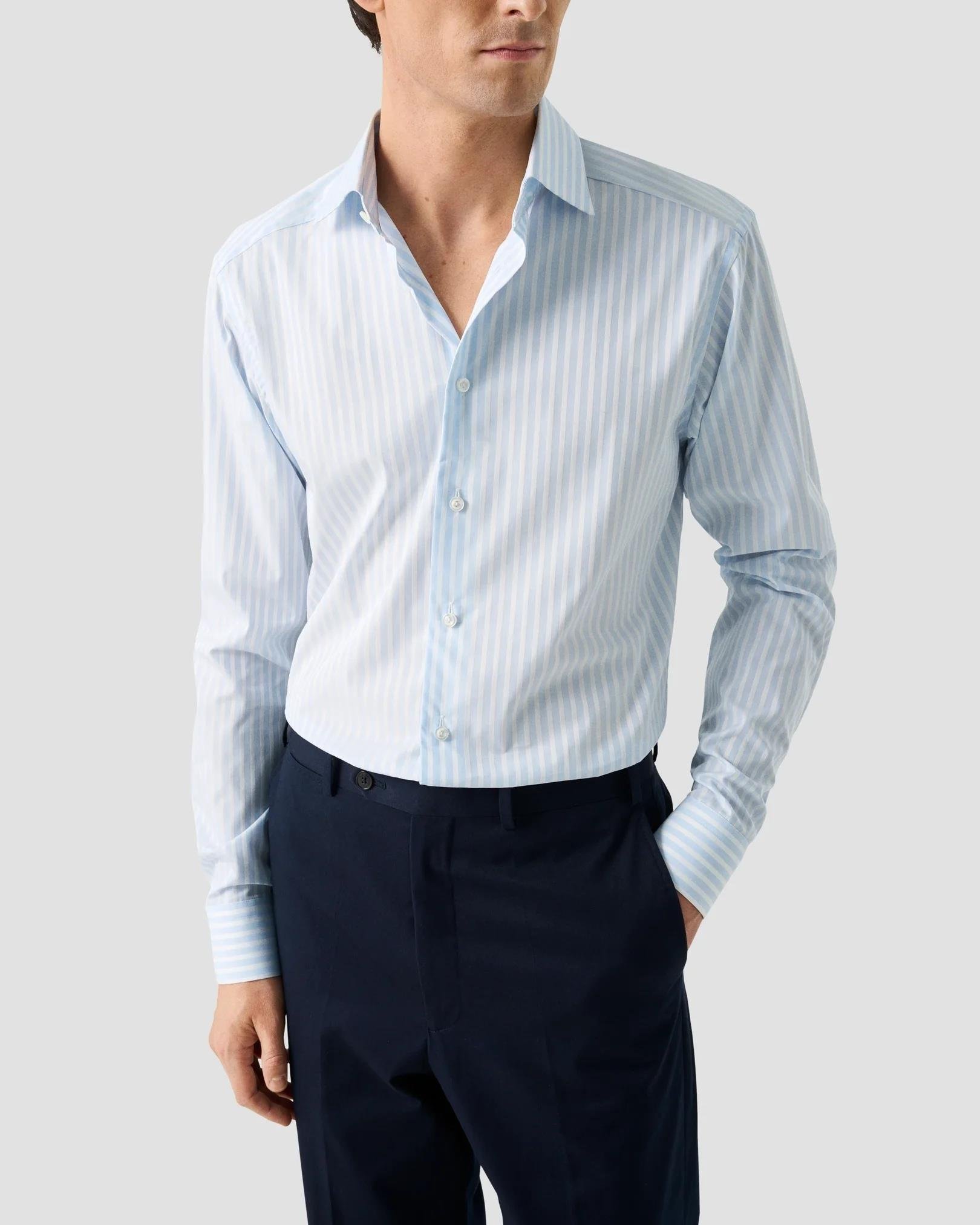 Mavi Beyaz Çizgili Elevated Pique Gömlek