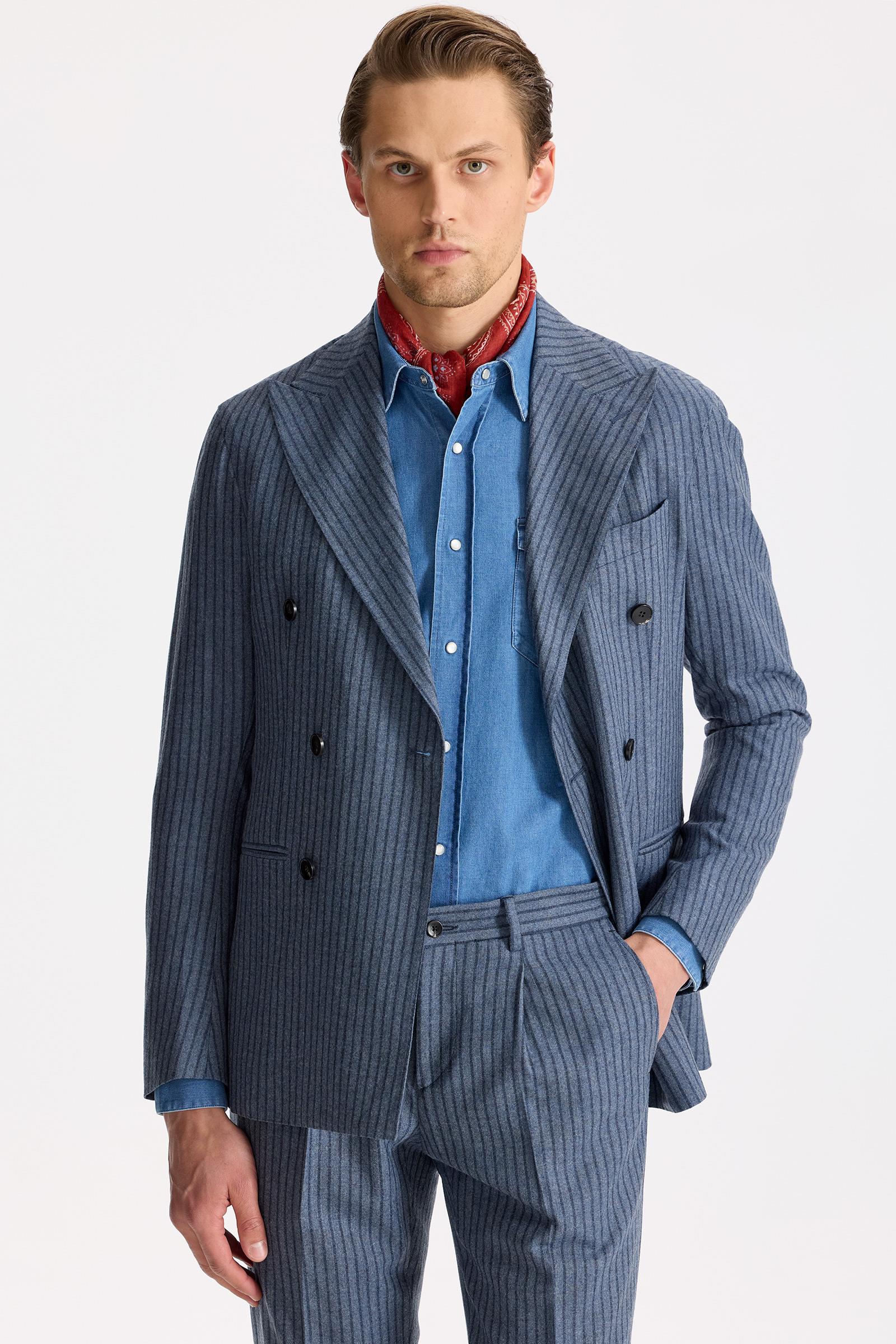 Mavi Çizgili Kruvaze Yün Takım Elbise