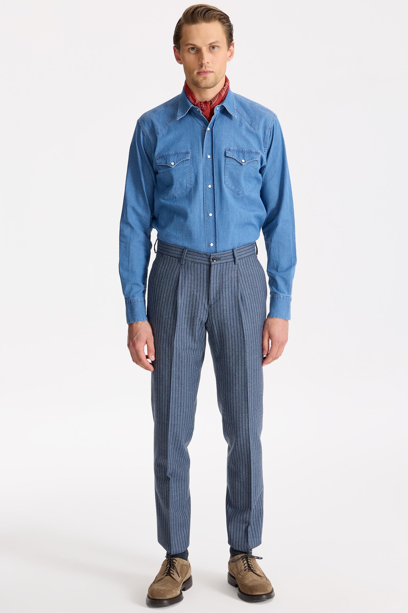 Mavi Çizgili Kruvaze Yün Takım Elbise