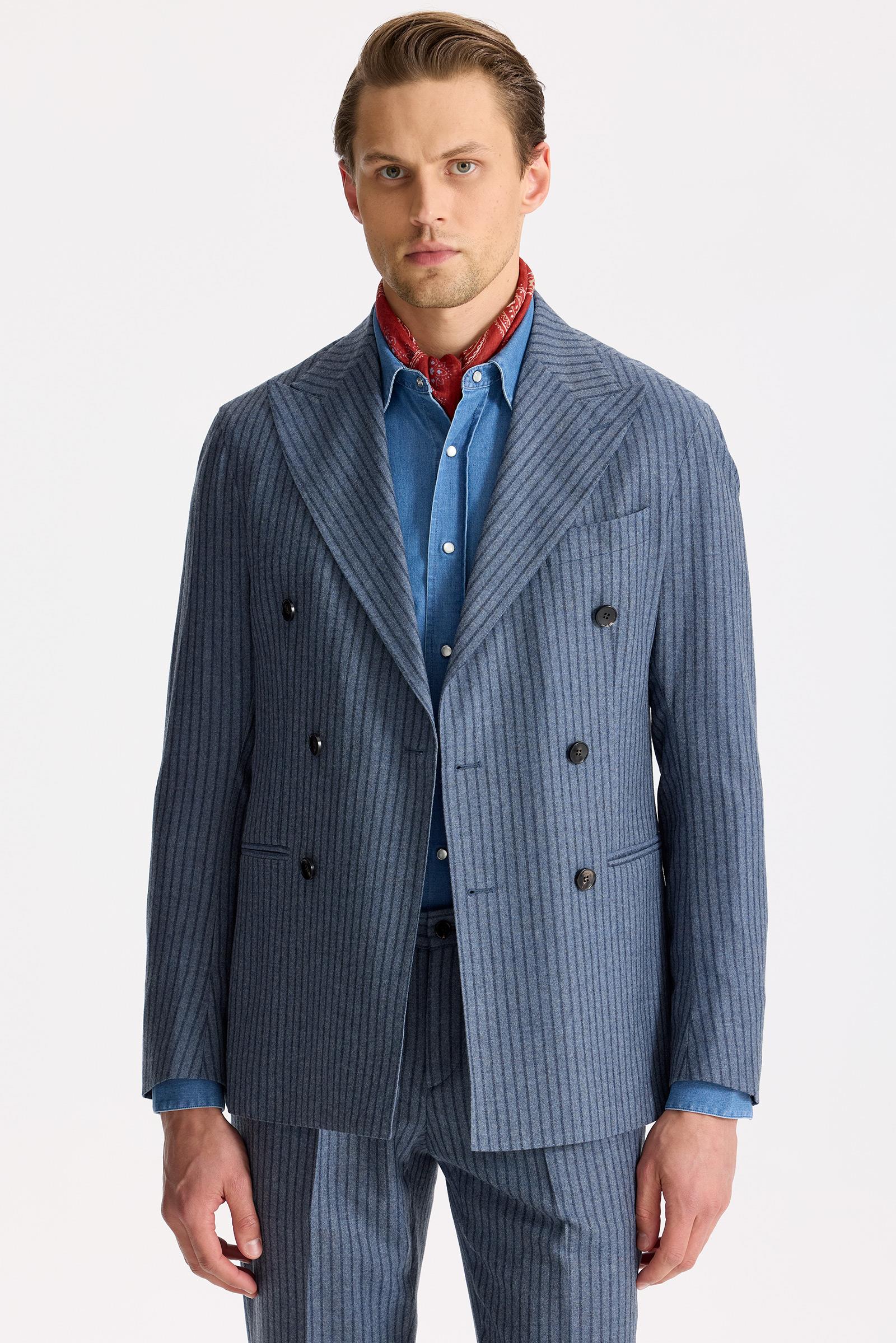 Mavi Çizgili Kruvaze Yün Takım Elbise