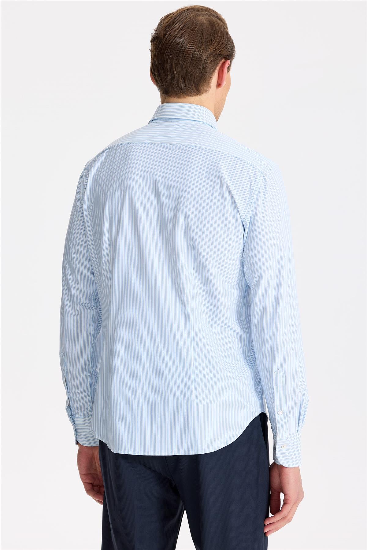 Mavi Çizgili Teknik Kumaş Gömlek