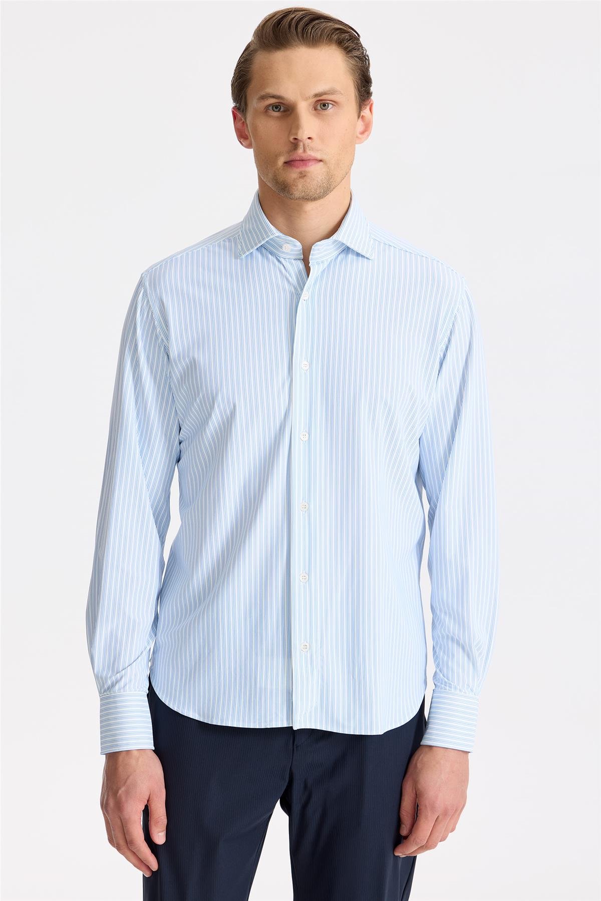 Mavi Çizgili Teknik Kumaş Gömlek