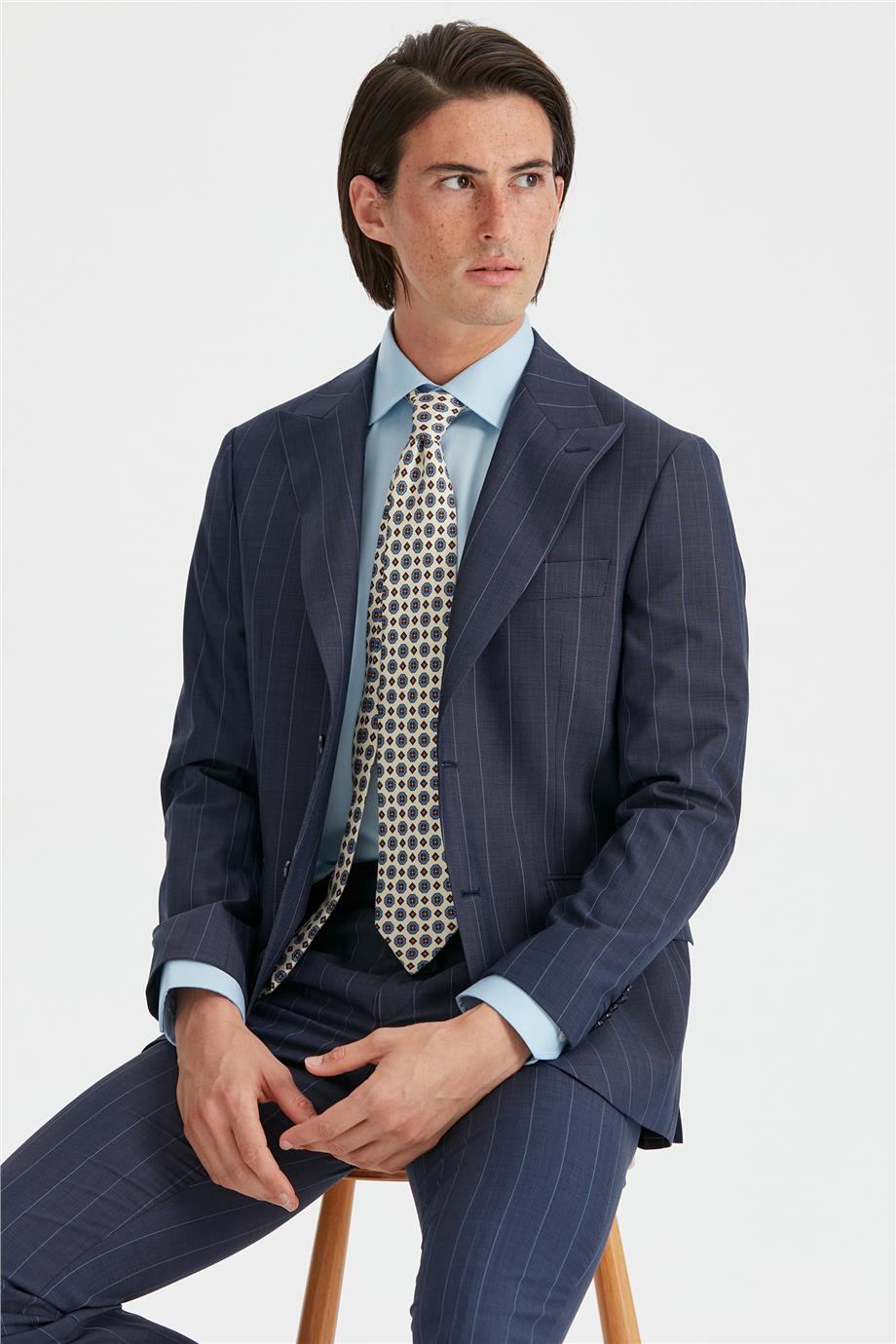 Mavi Çizgili Yün Takım Elbise