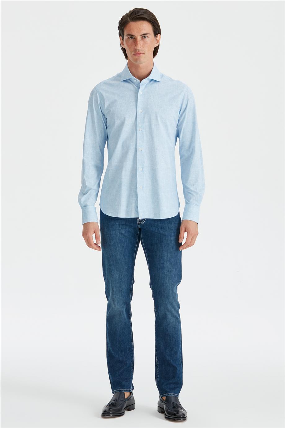 Mavi Desenli Teknik Kumaş Gömlek