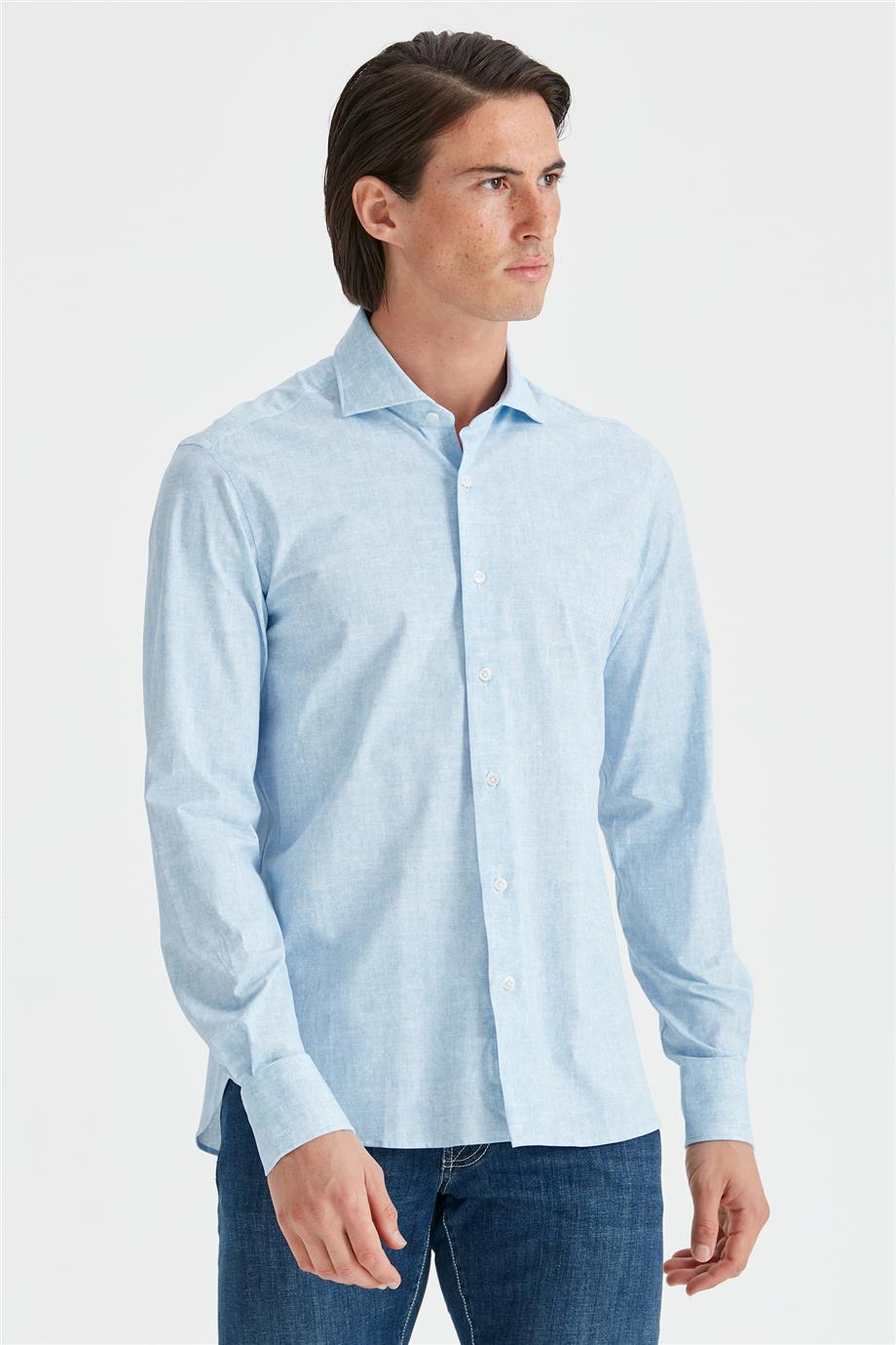 Mavi Desenli Teknik Kumaş Gömlek