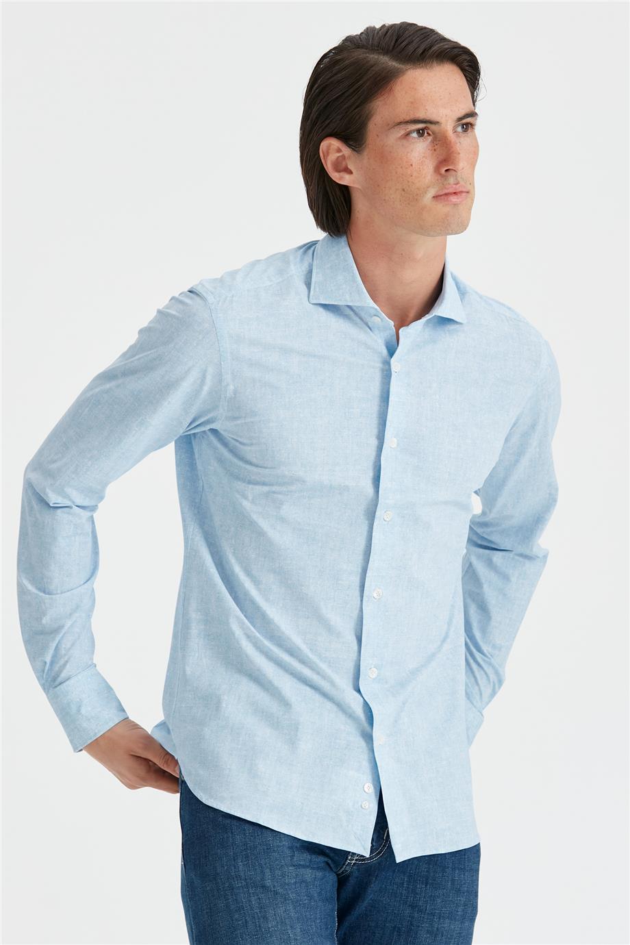 Mavi Desenli Teknik Kumaş Gömlek