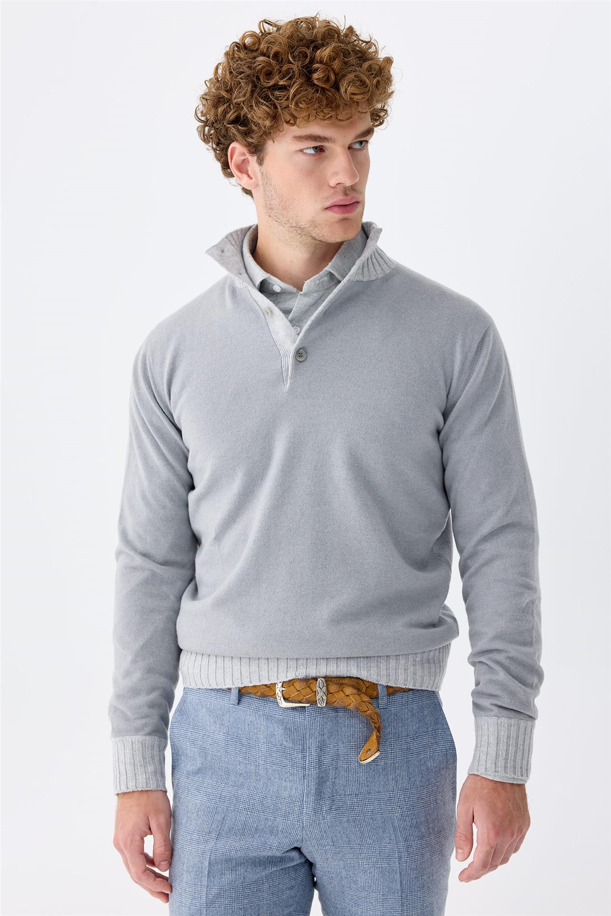 Mavi Düğmeli Trio Yaka Kaşmir Kazak