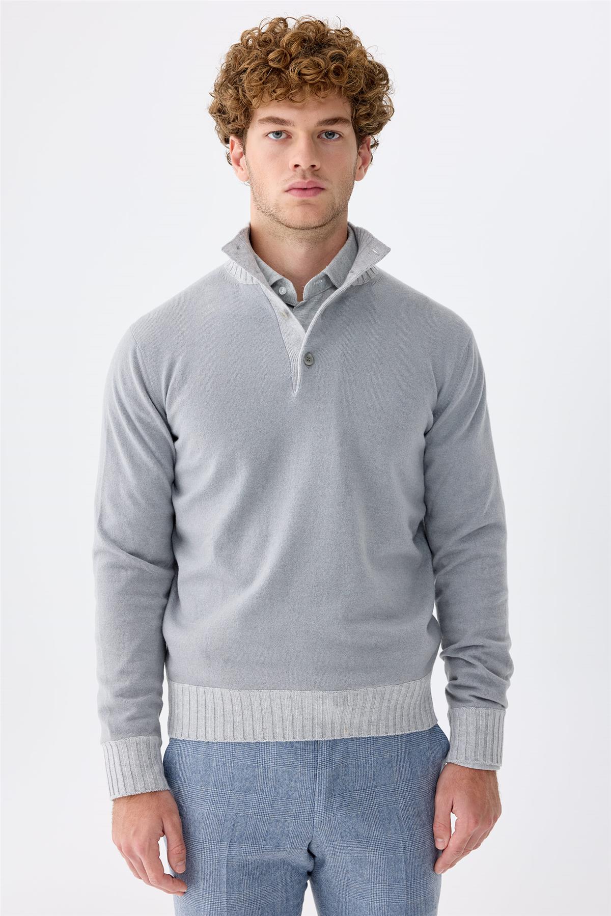 Mavi Düğmeli Trio Yaka Kaşmir Kazak