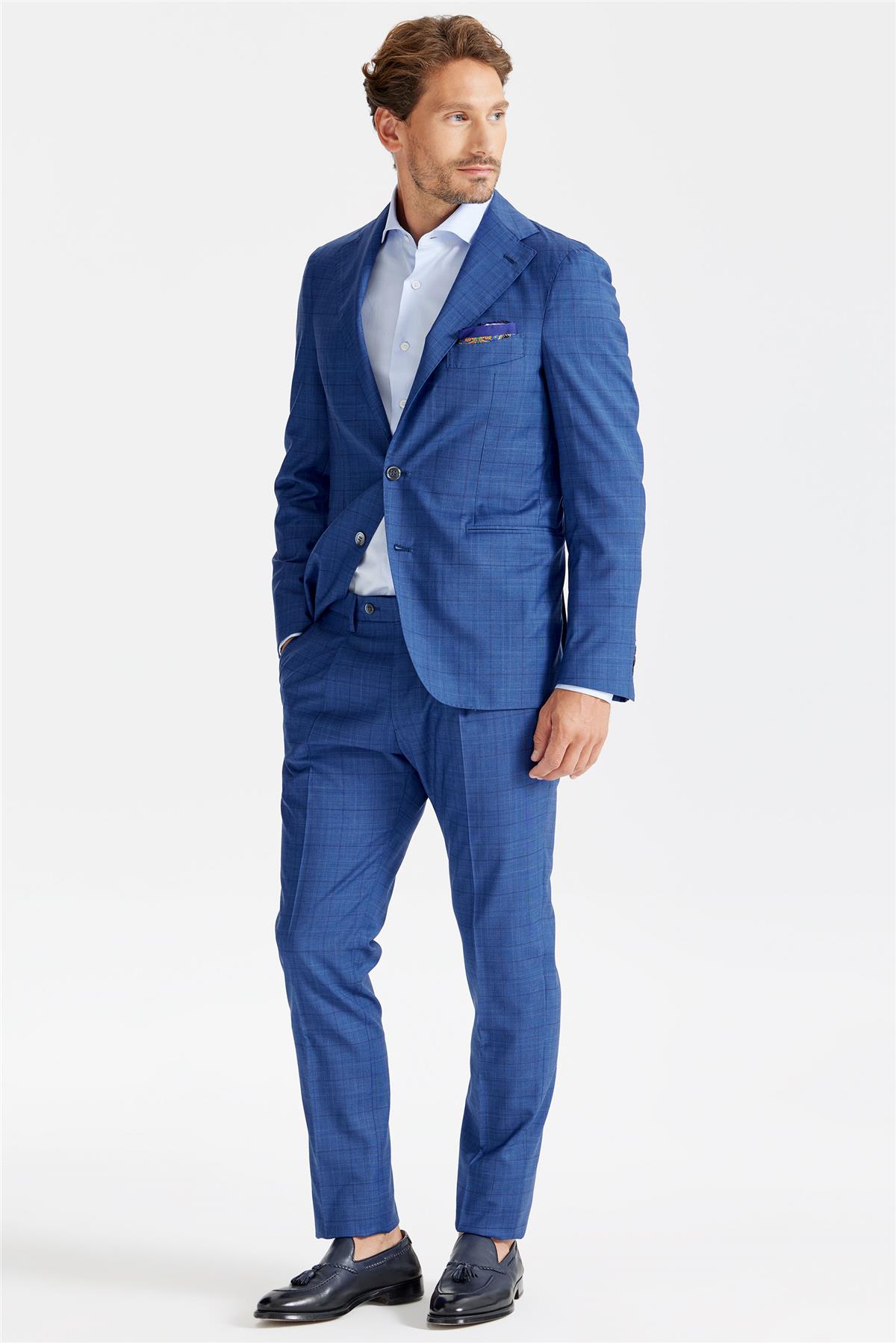 Mavi Ekoseli Yün Takım Elbise