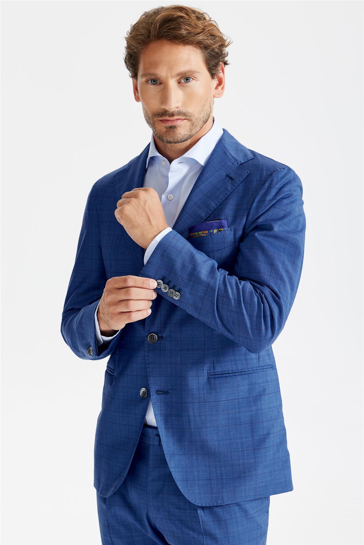 Mavi Ekoseli Yün Takım Elbise