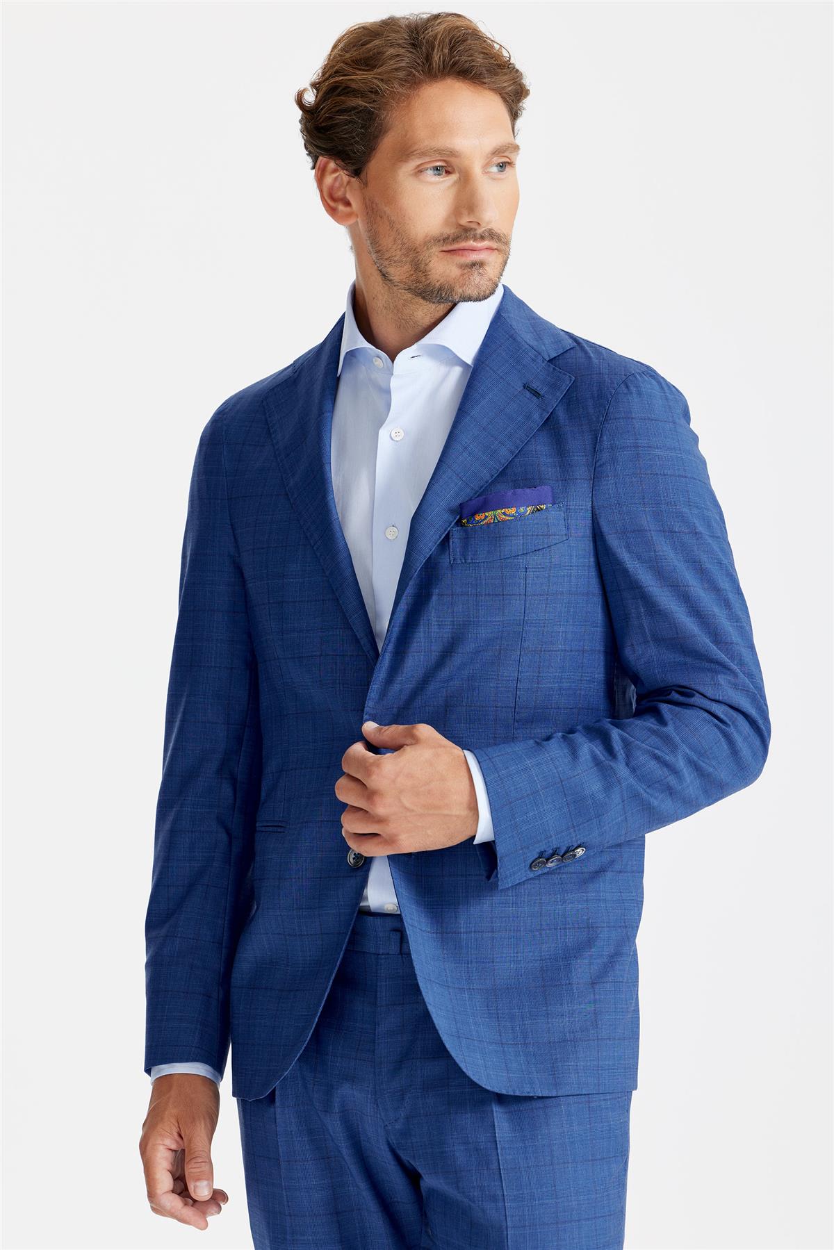 Mavi Ekoseli Yün Takım Elbise