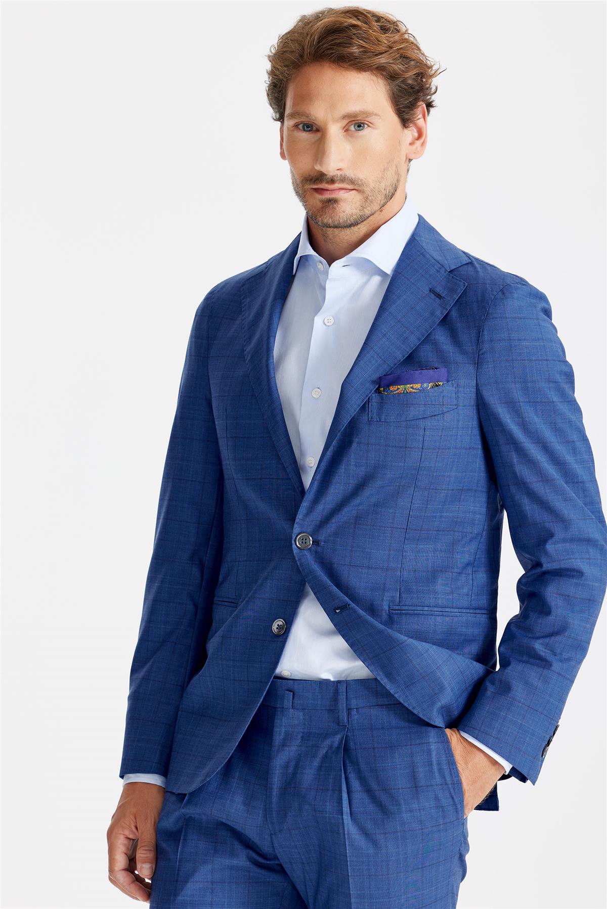 Mavi Ekoseli Yün Takım Elbise