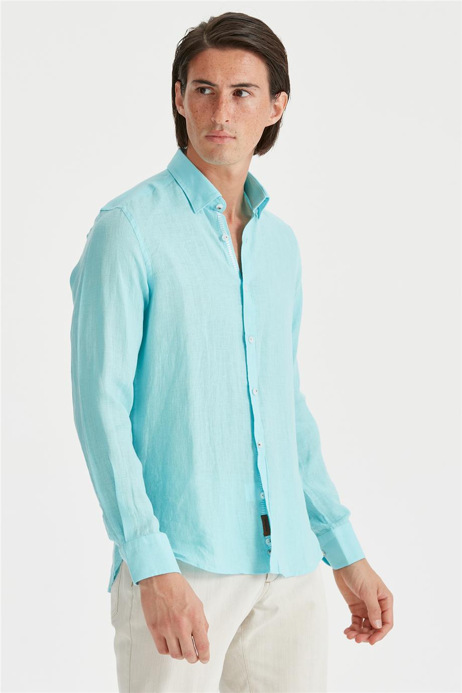 Mavi Erkek Keten Gömlek
