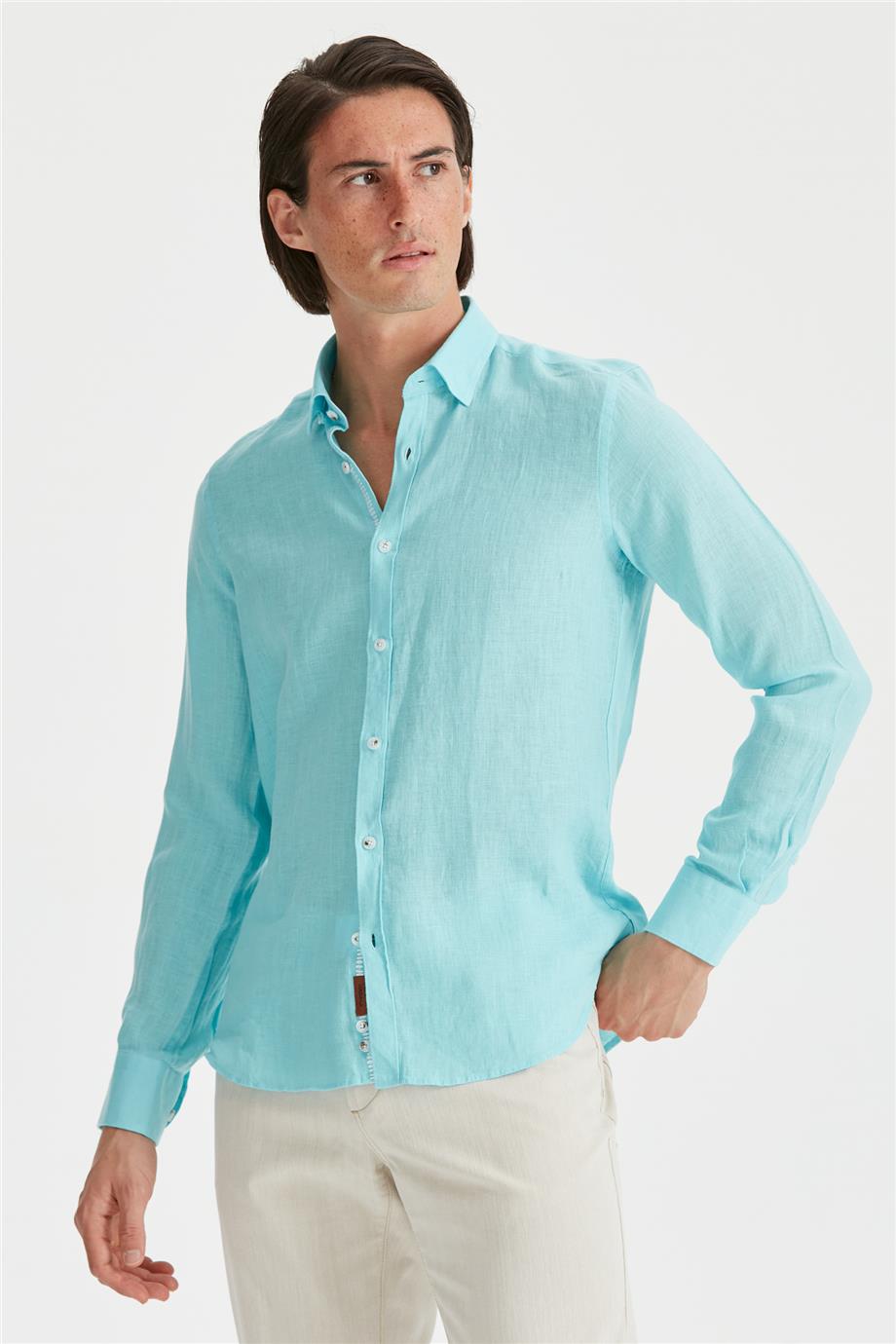 Mavi Erkek Keten Gömlek