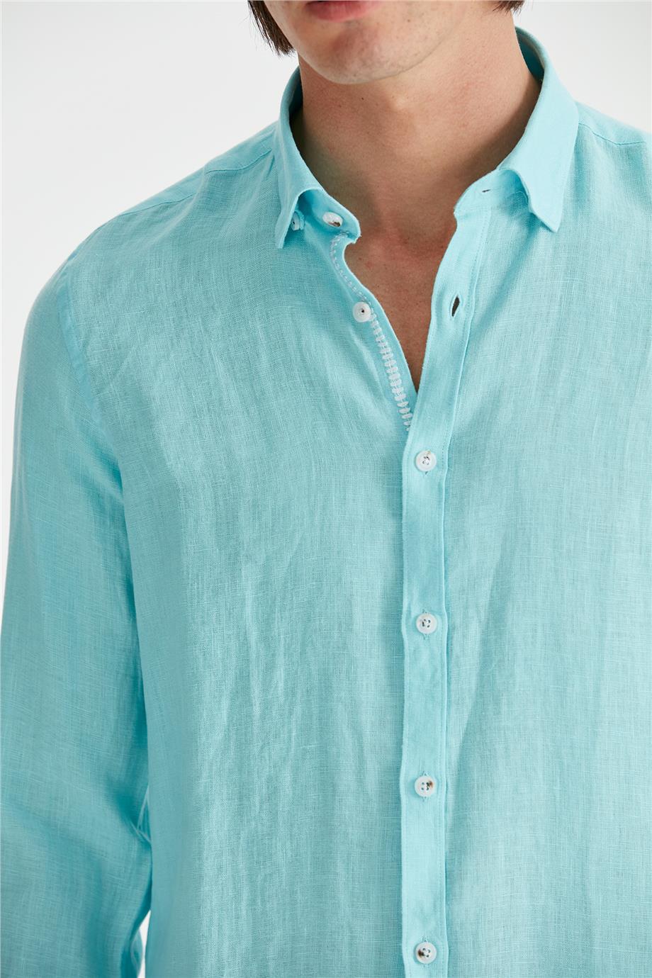 Mavi Erkek Keten Gömlek
