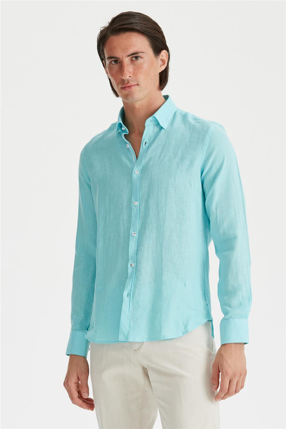 Mavi Erkek Keten Gömlek