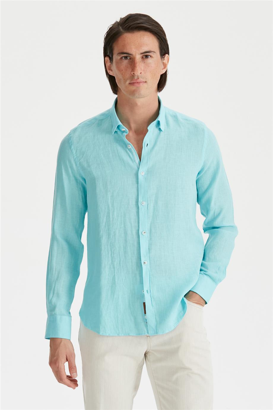 Mavi Erkek Keten Gömlek