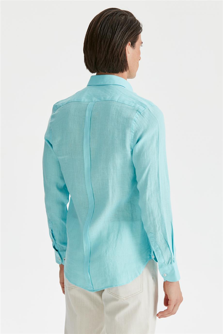 Mavi Erkek Keten Gömlek