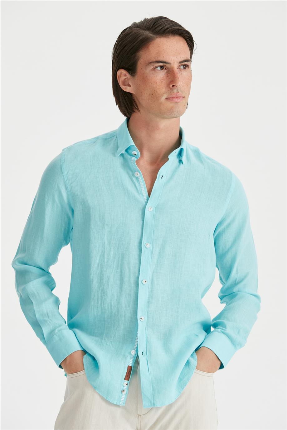 Mavi Erkek Keten Gömlek
