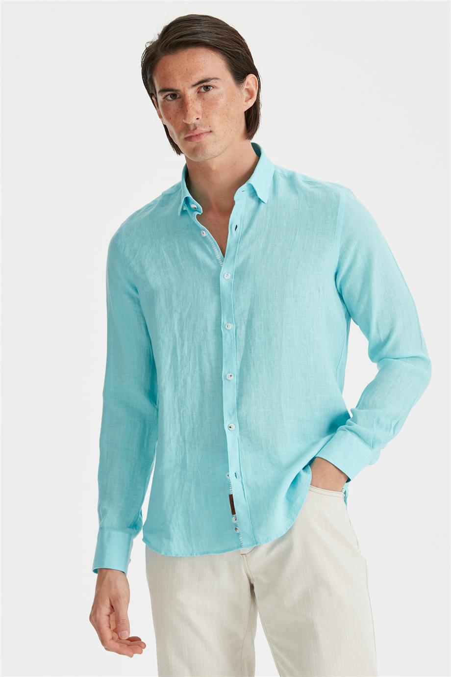 Mavi Erkek Keten Gömlek