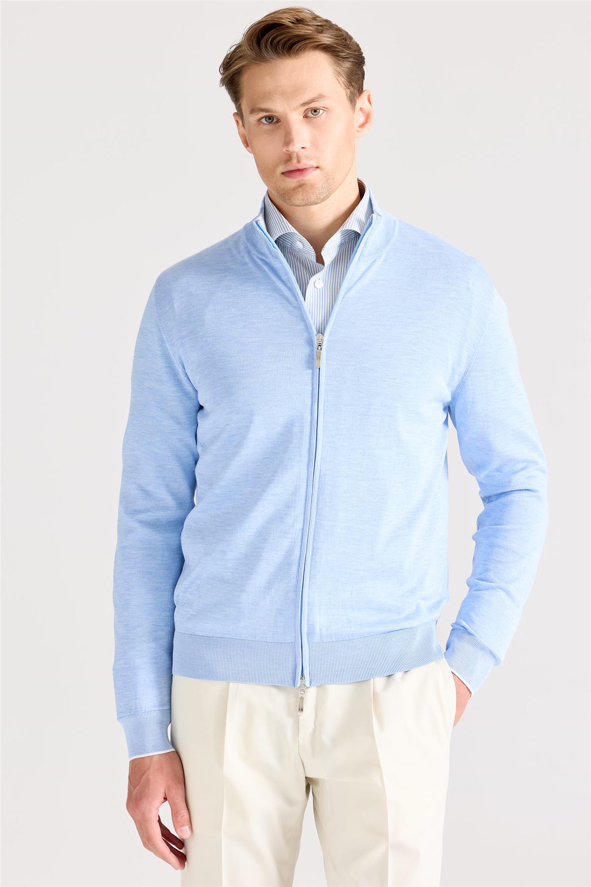 Mavi Fermuarlı Pamuk İpek Hırka