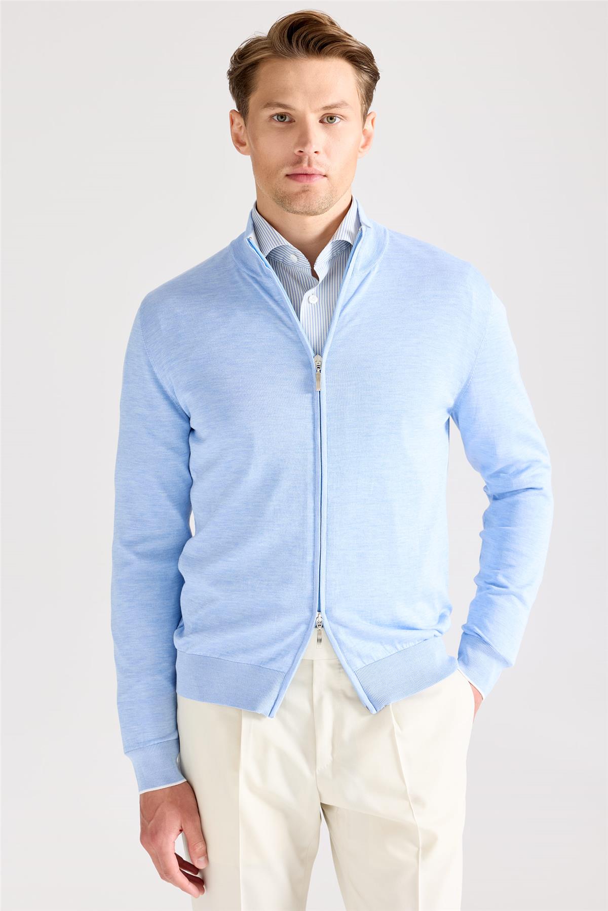 Mavi Fermuarlı Pamuk İpek Hırka