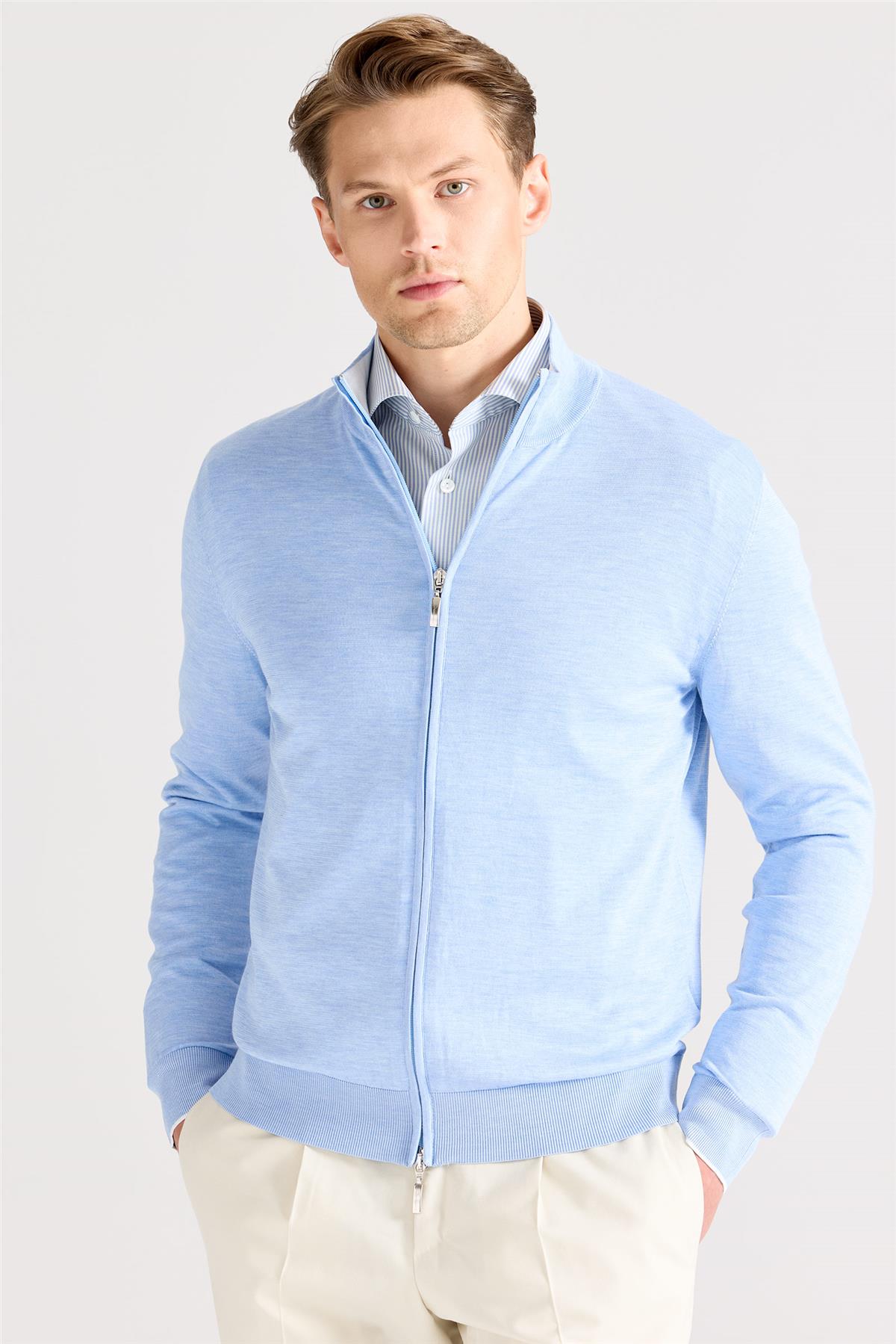 Mavi Fermuarlı Pamuk İpek Hırka